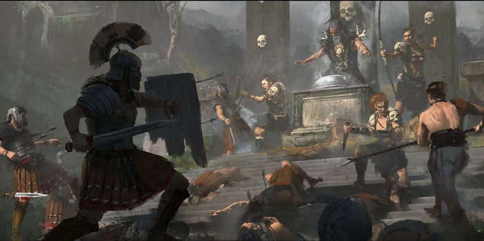 Roman soldiers fighting barbarians near a tomb