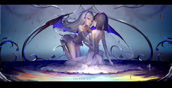 Two anime girls embracing
