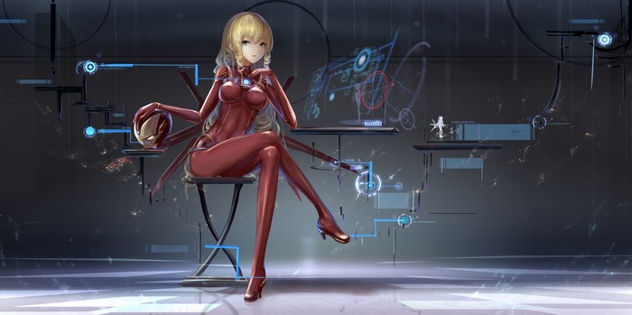 Anime girl in red suit with Iron Man helmet