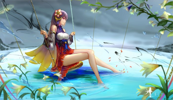 Anime girl on a swing in water with lilies