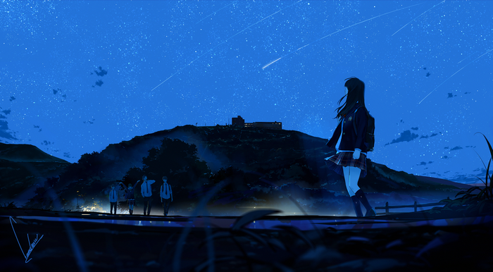 Anime girls and boys under starry sky