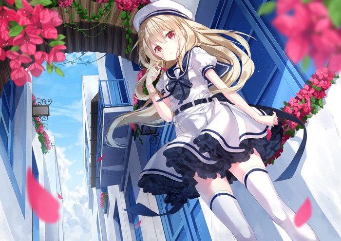 Anime girl with blonde hair and red eyes in a sailor dress