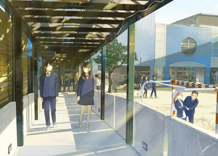 Anime illustration of students walking on a school campus