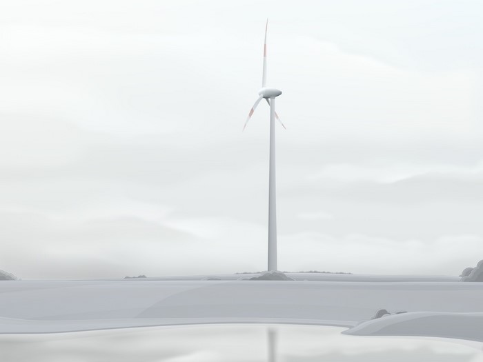 Windmill in a misty landscape