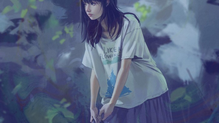 Anime girl with black hair wearing a t-shirt and skirt