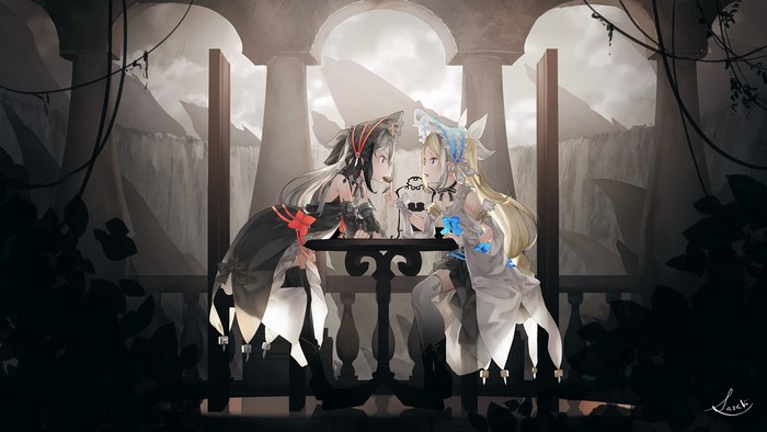 Two anime girls at a table
