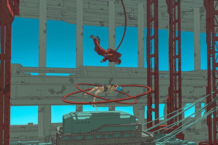 Futuristic scene with two figures in mid-air