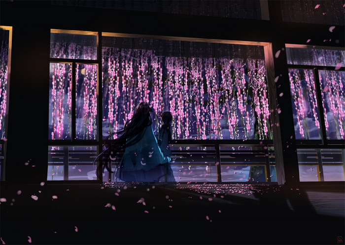 Anime girls in traditional Japanese clothing under wisteria