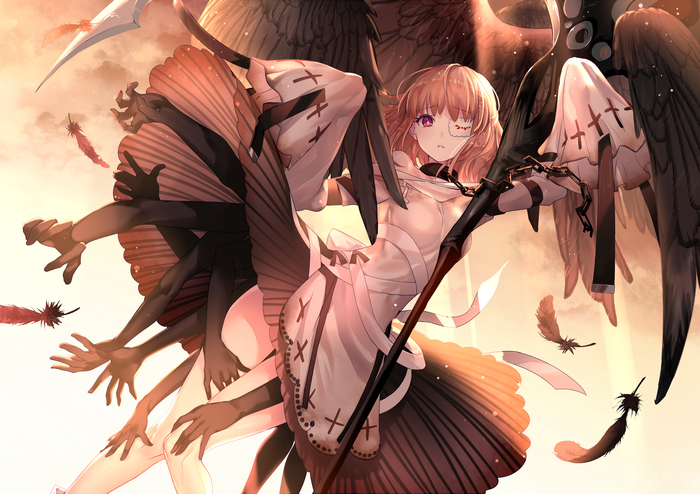 Anime girl with wings and multiple arms holding a scythe
