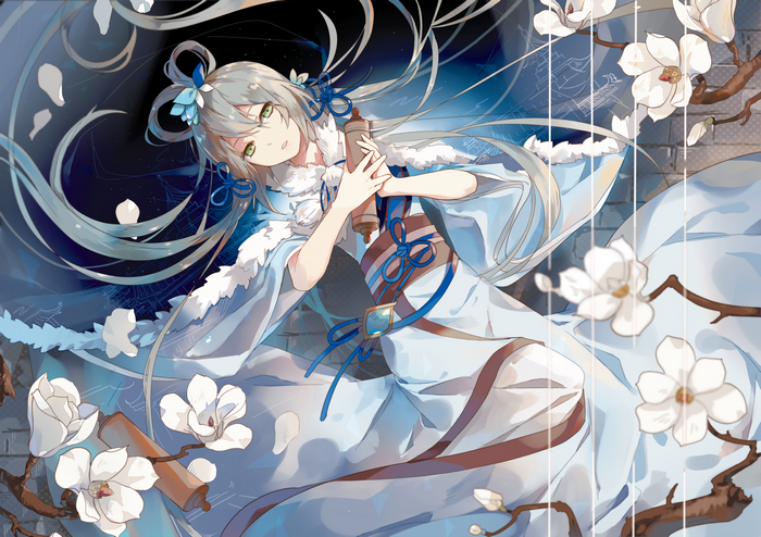 Anime girl in blue kimono with white fur trim