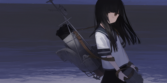Anime girl with backpack by the sea at night