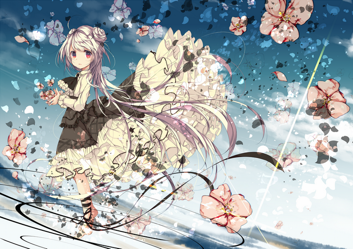 Anime girl with white hair and pink eyes in a dress