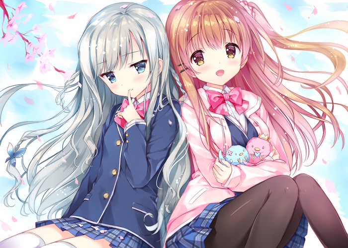 Two anime girls in school uniforms with cherry blossoms
