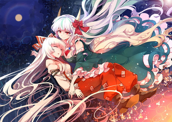 Two anime girls with long white hair