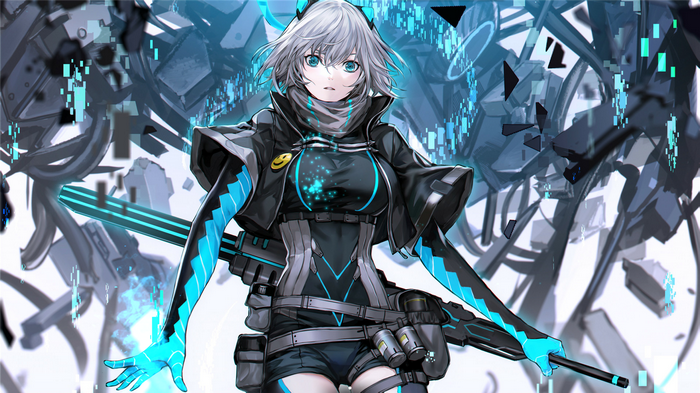 Anime girl with cyan accents and weapon