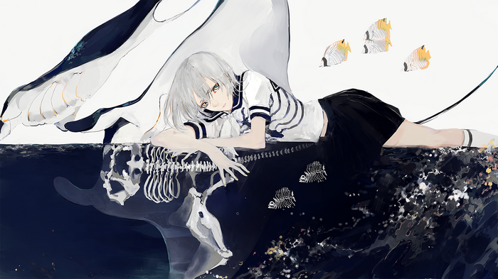 Anime girl with whale skeleton and fish