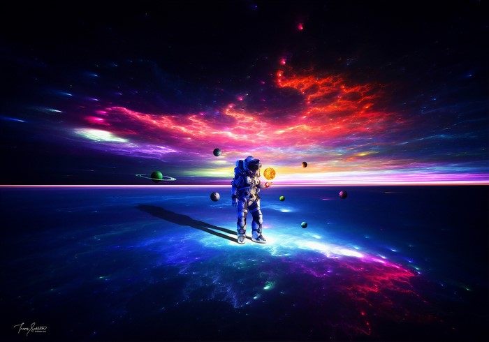 Astronaut juggling planets in a colorful nebula