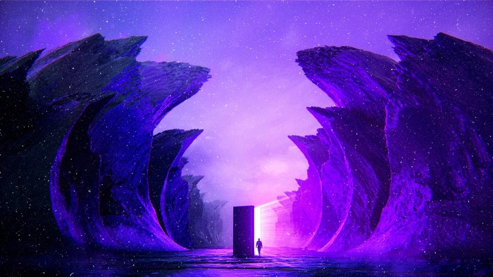 Man walks through a glowing portal between purple mountains