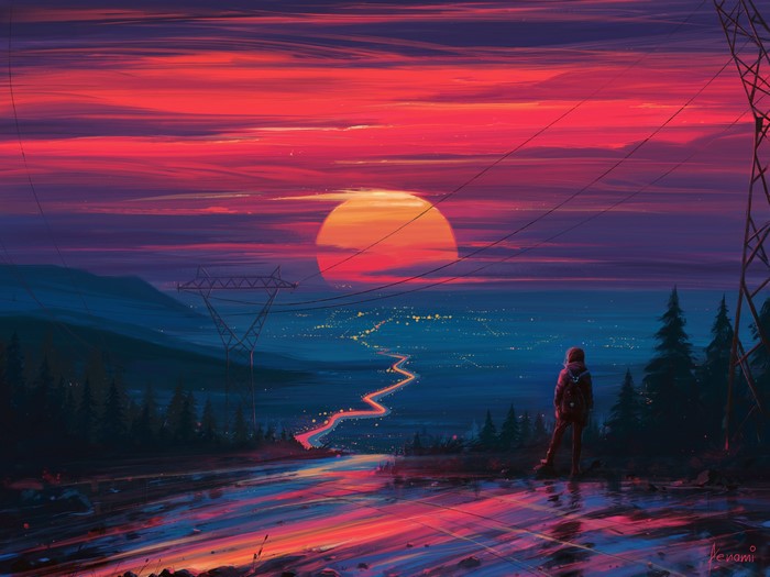 Digital art illustration of a person watching a sunset