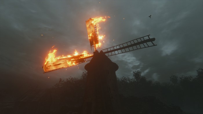 4K screenshot of a burning windmill from A Plague Tale Innocence