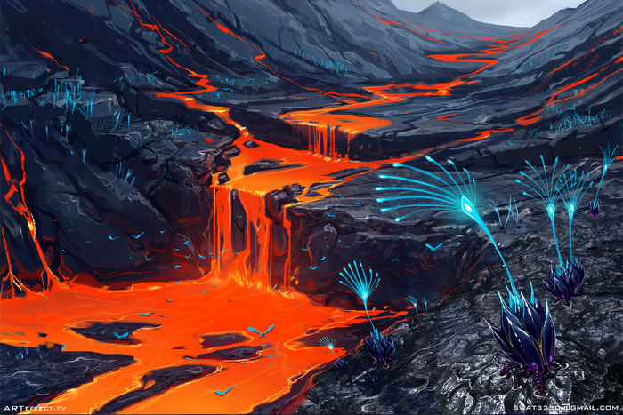 Alien landscape with lava river and glowing flora
