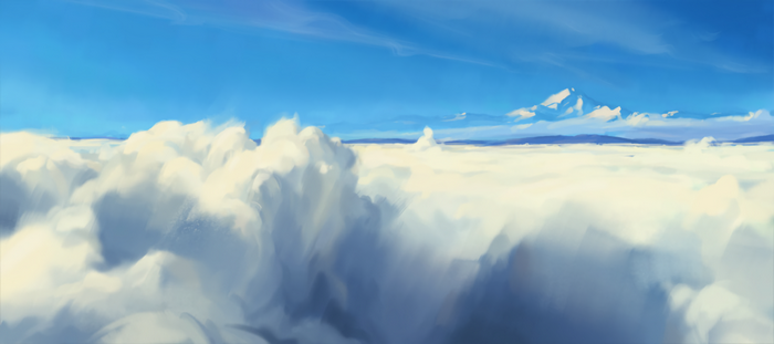 Digital painting of clouds and mountains under a blue sky