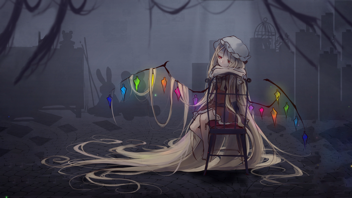 Anime girl with long blond hair and red eyes sitting on a chair