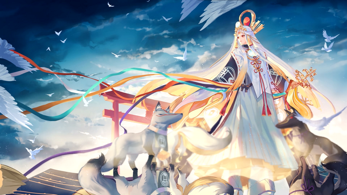 Miketsu from Onmyouji with foxes and birds