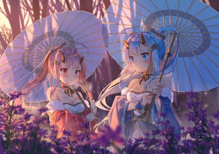 Two anime girls with horns holding umbrellas