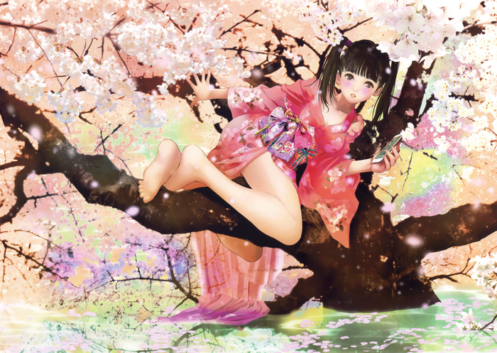 Anime girl in kimono sitting on a tree branch