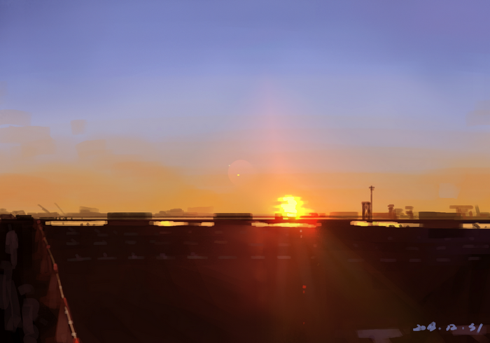 Digital art painting of a sunset over a city skyline