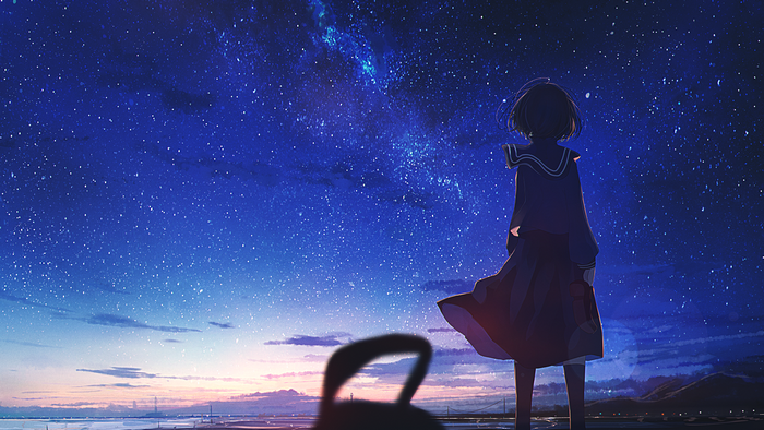 Anime girl in school uniform looking at the starry night sky