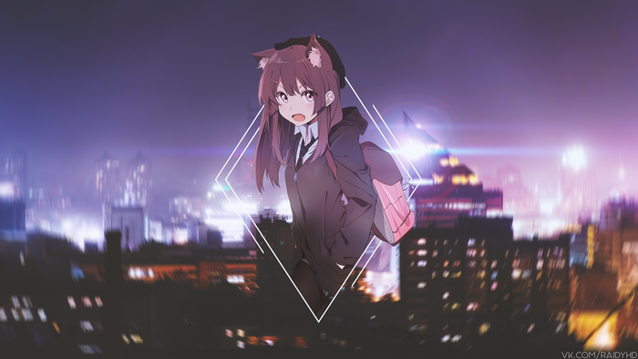 Anime girl with animal ears and backpack in city at night