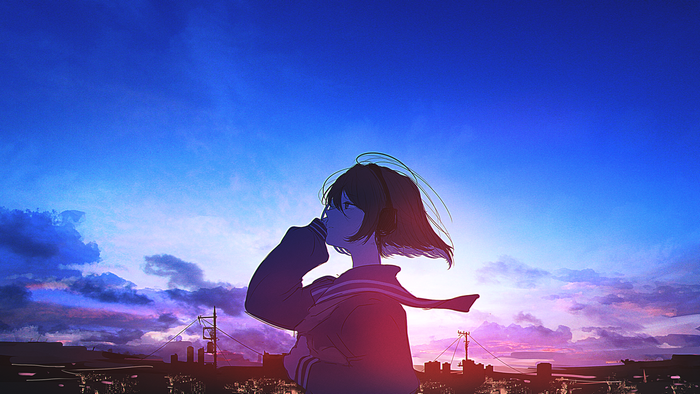 Anime girl with headphones listening to music at sunset