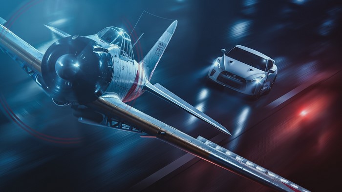 Nissan GT-R Racing a Mitsubishi A6M2 Zero Aircraft