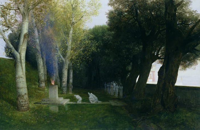 Procession of figures before a burning altar in a forest