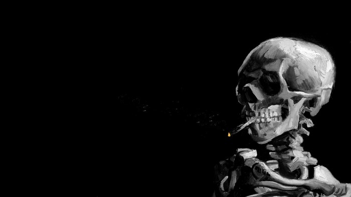 Skeleton smoking a cigarette