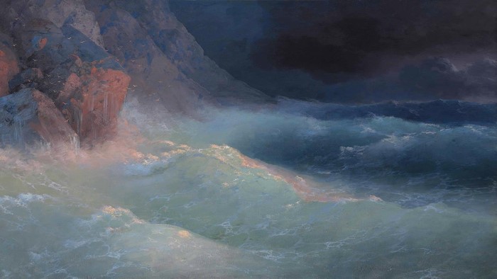 Stormy Sea and Cliffs with Birds