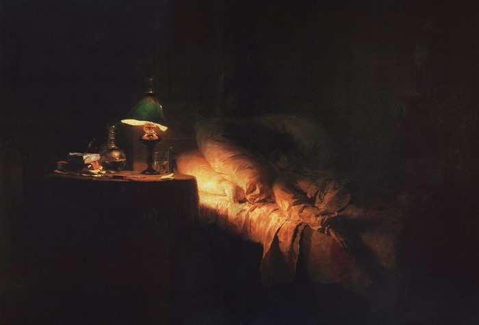Sick Girl in Bed by Lamp Light