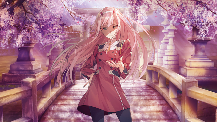 Zero Two from Darling in the FranXX in a Japanese garden