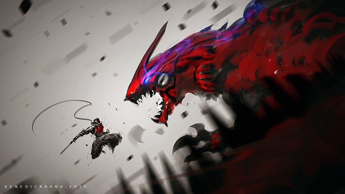 Samurai fighting a giant red dragon