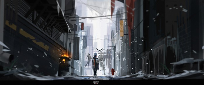 Anime girl with wings in a snowy city alley