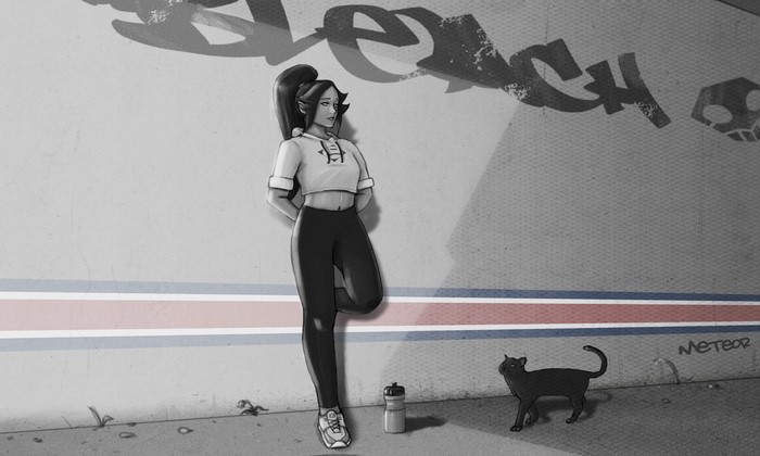 Shihouin Yoruichi from Bleach leaning against a graffiti-covered wall