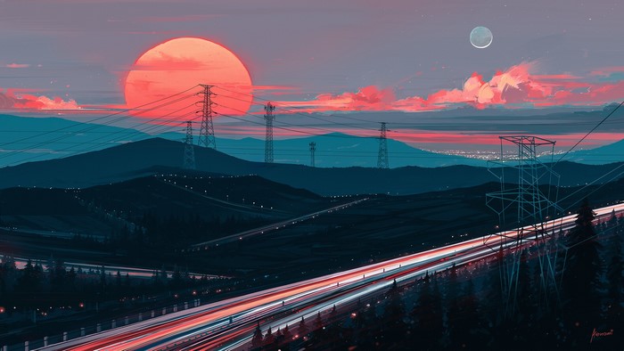 Sunset over hills with power lines and highway