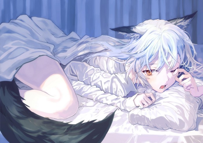Anime girl with wolf ears and tail in bed