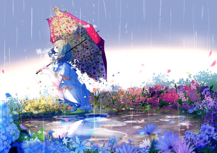 Anime girl with flower umbrella in the rain