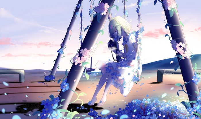Anime girl with a camera on a swing decorated with flowers