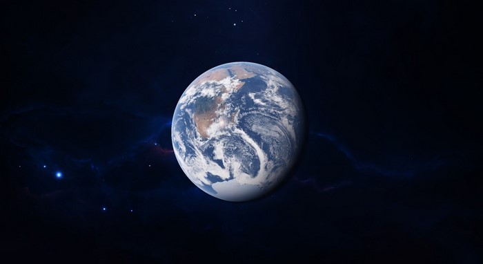 Planet Earth in deep space with nebulae and stars