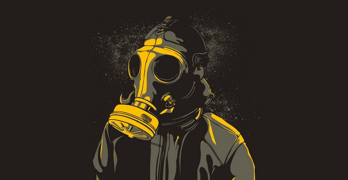 Artwork of a person wearing a yellow gas mask