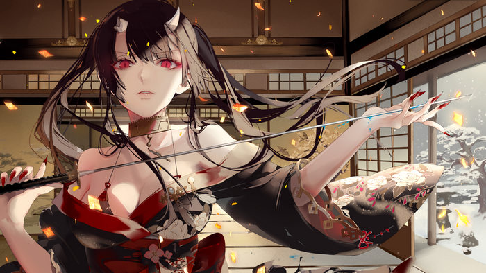 Anime girl with horns and katana in traditional Japanese room